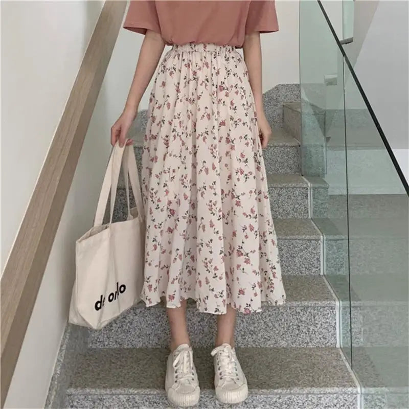 Vintage Floral Print A-line Pleated Long Skirts Summer Women 2024 Korean Skirt Streetwear Drawstring Elastic Waist Midi Skirt
