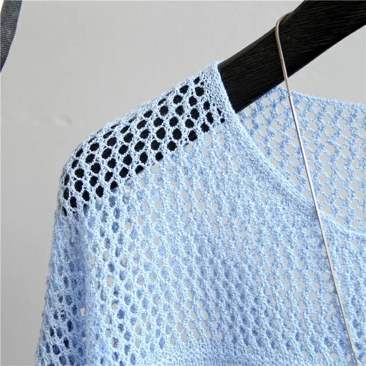 Spring and Summer New Ice Silk Knitted Vest Top Hollow Out Thin Bottoming Sling Streetwear Womens Clothing White Shirt 13686