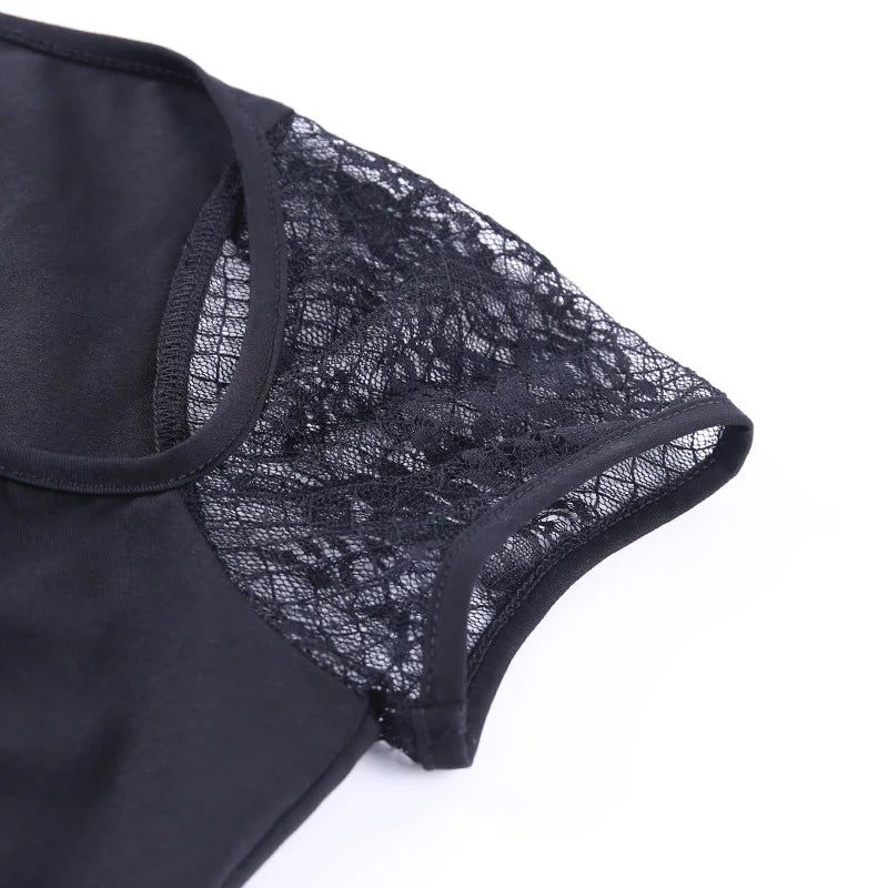 Vintage Tops Goth T-shirt Women Bodycon Bandage Lace Black T-shirts Gothic Streetwear Sexy Female Top Casual Mesh Tee