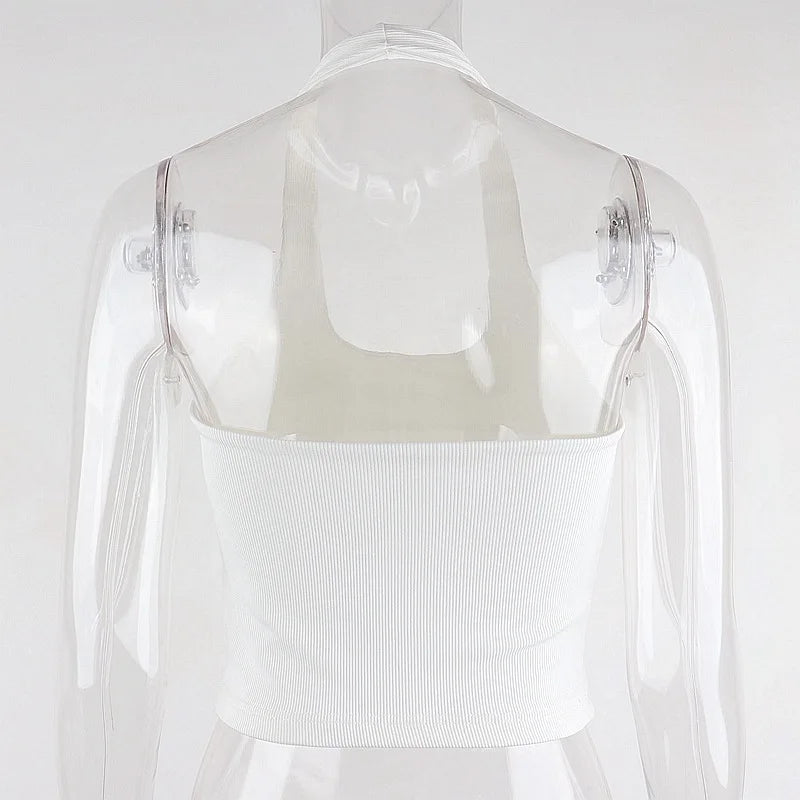 White Halter Sexy Backless Tank Tops for Women Streetwear 2024 Sleeveless Ribbed Knit Vest Top Cropped Feminino