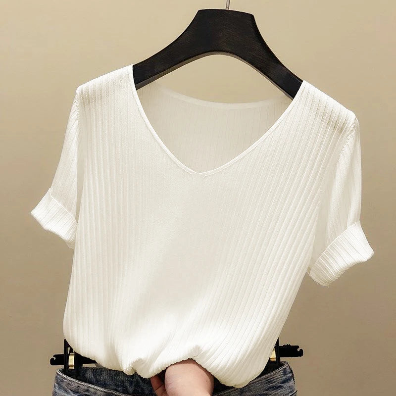 Knitted short sleeve Women V-Neck T Shirts 2025 Blue Slim Black thin knit Orange Tops Ladies Summer Camiseta Summer T shirts