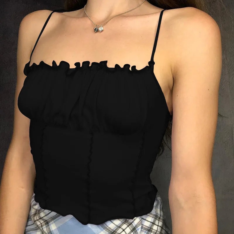 Sexy 2022 Summer Women Ruffles Tank Top Fashion Ladies Sleeveless Strapless Ruched Slim Crop Top Camisole Female Clothing Tanks
