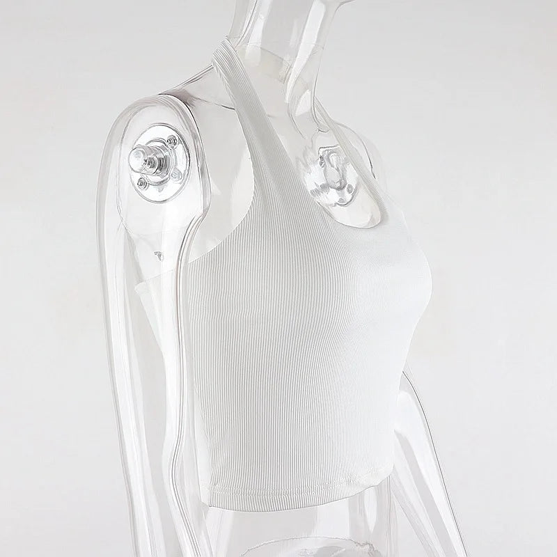 White Halter Sexy Backless Tank Tops for Women Streetwear 2024 Sleeveless Ribbed Knit Vest Top Cropped Feminino