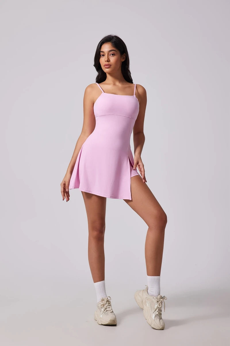 QINACTIVE Women's sports beautiful back dress Removable chest cushion cushion breathable outdoor yoga tennis skirt