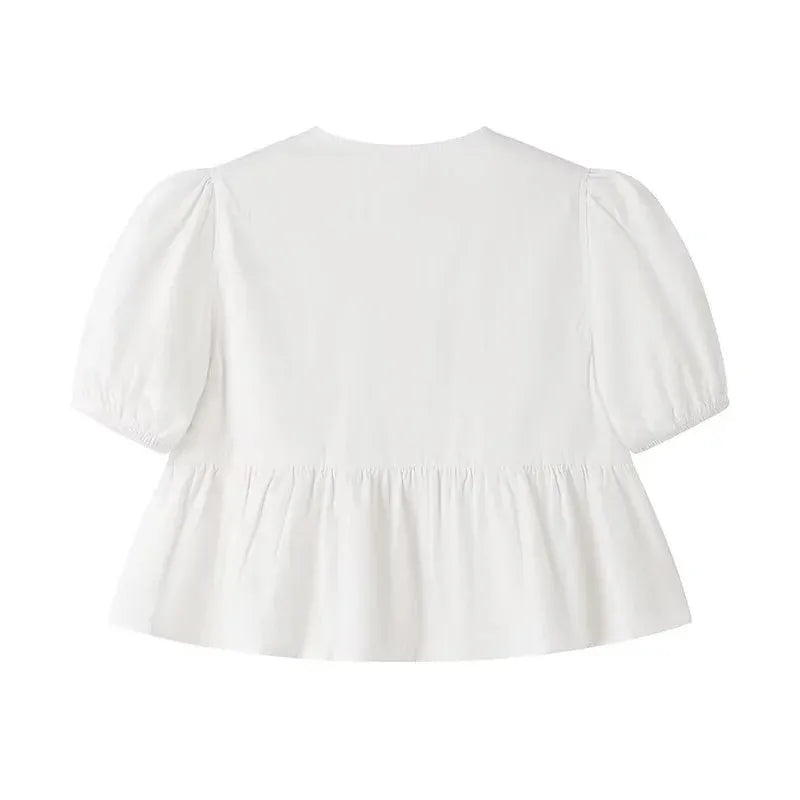 TRAF Ruffle Blouses Woman 2024 Puff Sleeve Shirts and Blouses for Women White Black Ruched Crop Top Female Ruched Women's Blouse