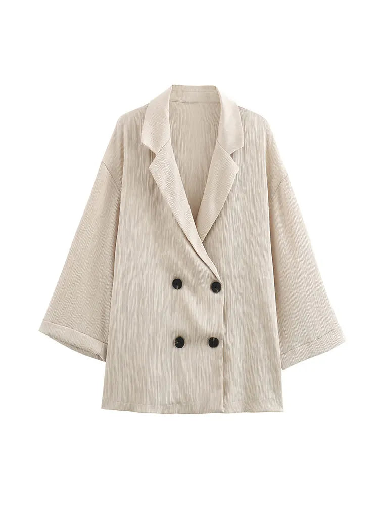 2024 Autumn Women Casual Blazer Coat Pants Set Long Sleeve Double Breasted Blazer + Wide Leg Trousers Lady Office Outfit