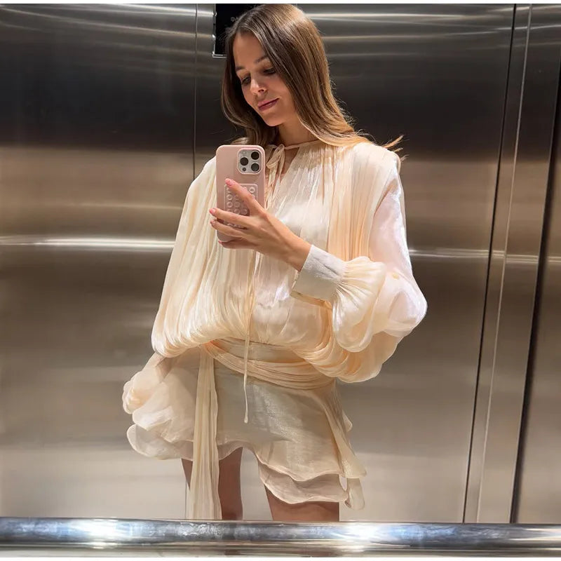 Fashion Women's Ruffles Short Dress Elegant Round Neck Lace Up Lantern Long Sleeve Mini Vestido Chic Female 2025 Solid Dresses
