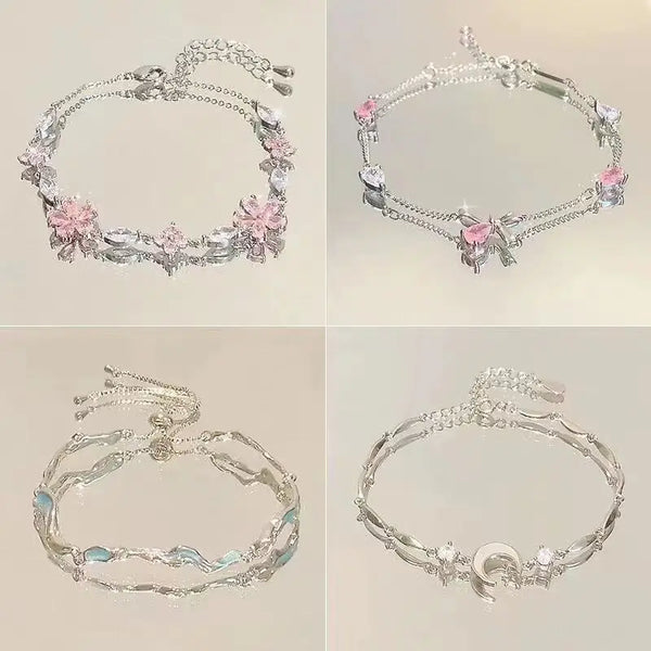 Steel Fun New Women Bracelet Shiny Pink Zircon Butterfly Cherry Blossom Hand Chain for Girls Friendship Gift Y2k Accessories