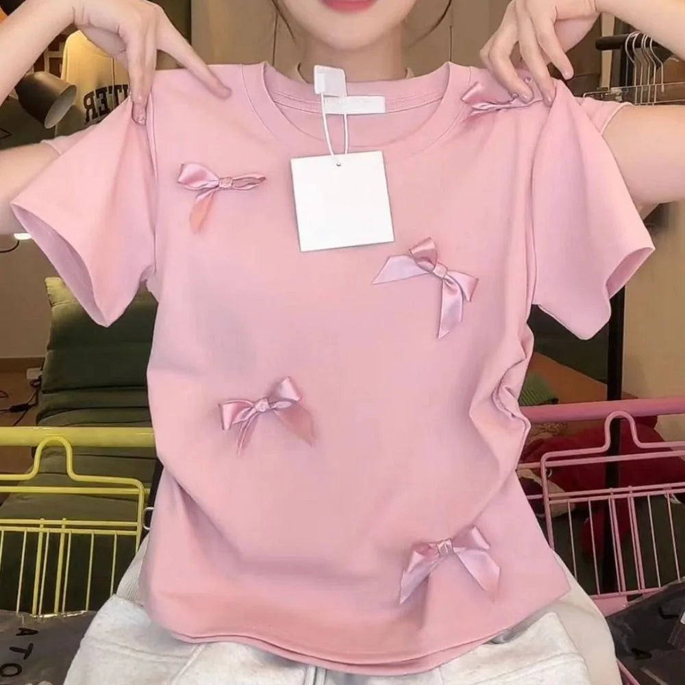Elegant Ballet Bowknot T Shirts Round Collar Japanese Style Women Top Solid Color Short Sleeve Ribbon Crop Tank Top Women Girl