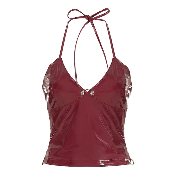 Christmas Solid Metal Button Women’s Halter Tops Sleeveless Pu Leather Punk Baddie Slim Women Blouses Streetwear Clothing