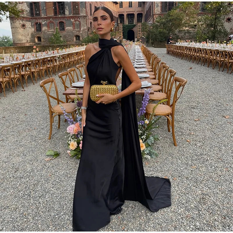 Elegant Solid Ribbon Women Halter Dress Off Shoulder Sleeveless Backless Slim Female Maxi Dresses 2025 Summer New Chic Lady Robe