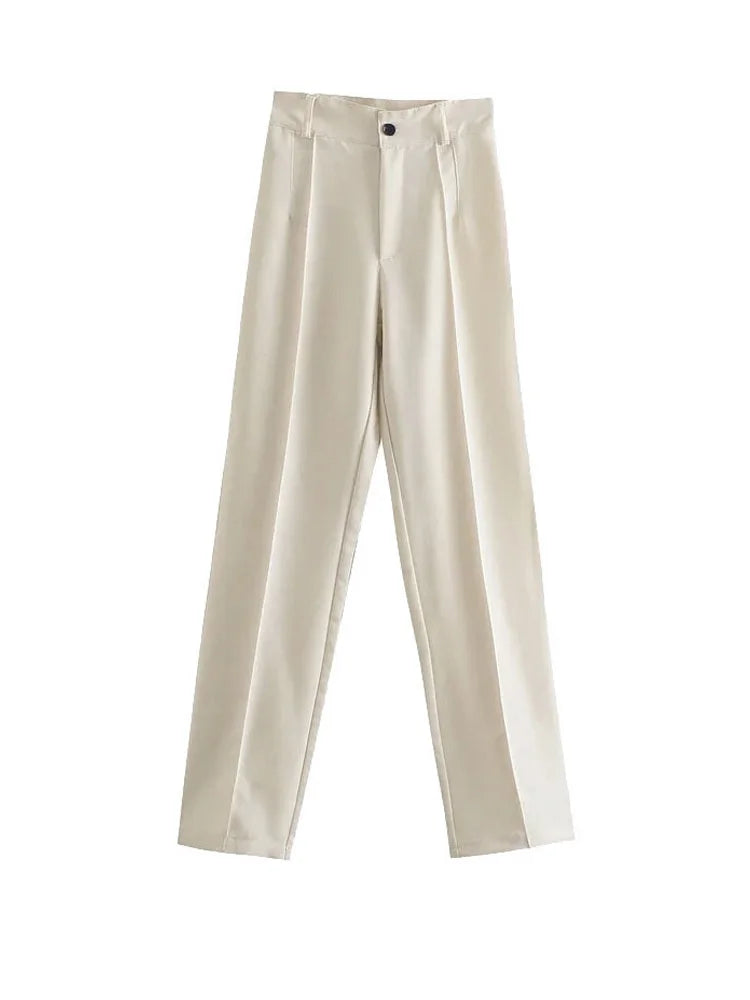 TRZA Women Chic Fashion Office Wear Straight Pants Vintage High Waist Zipper Fly Female Trousers Mujer