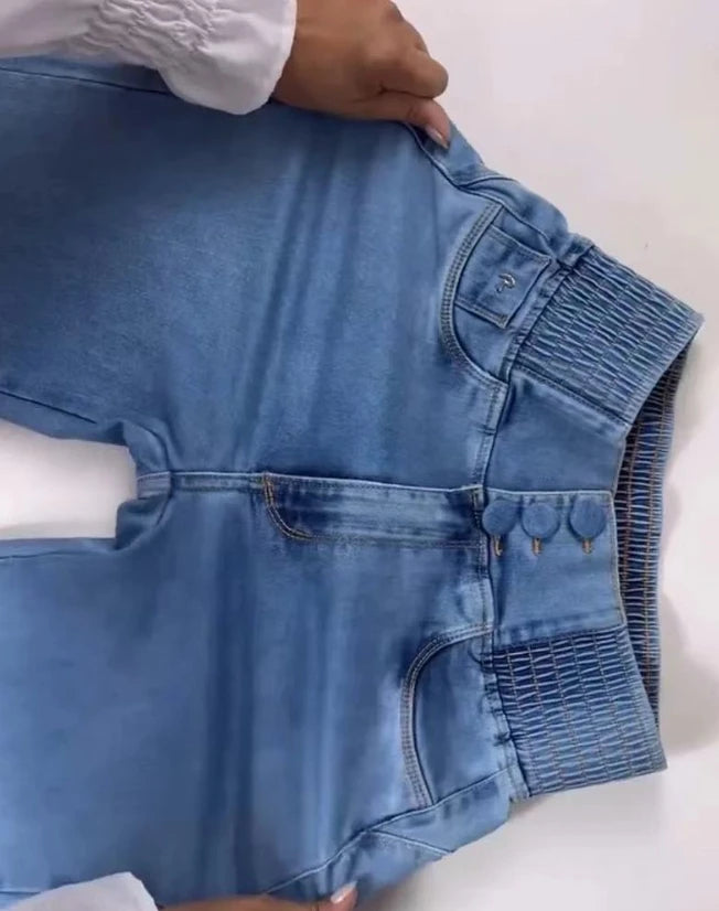 Sexy Elegant New Fashion 2024 Casual Female Trouser Bottom Back Shirred Button Front High Waist Jeans