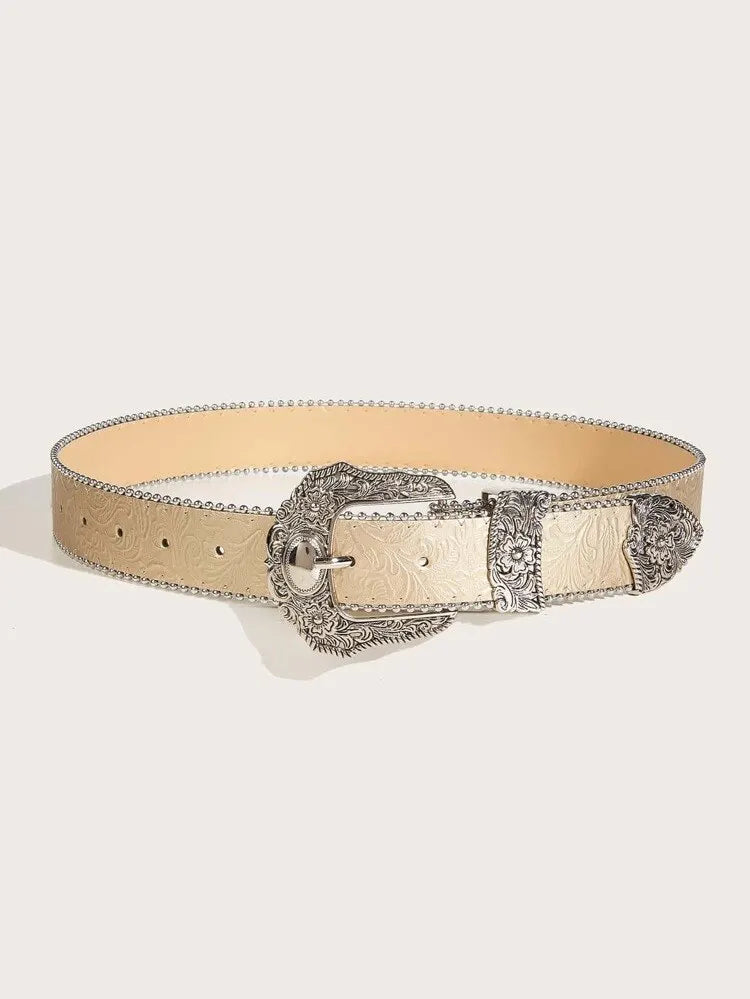 Western PU Leather Belt Western Cowboy Women Cowgirl Unisex Waist Belt with Metal Engraved Buckle