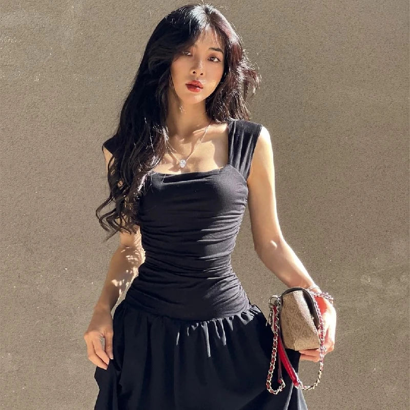 WhereMery Elegant Slip Long Dresses Sexy Women Ruched Bodycon Solid Maxi Dress Spring Y2K Summer Temperament High-waist Vestidos