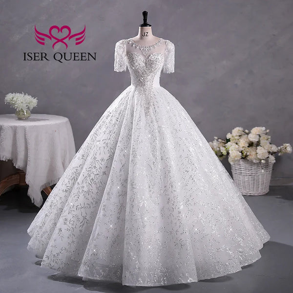 Customized Short Sleeves Sequin Tulle Wedding Dress For Woman 2025 Europe Fashion Wedding Party Dress Lace Appliques WX0397