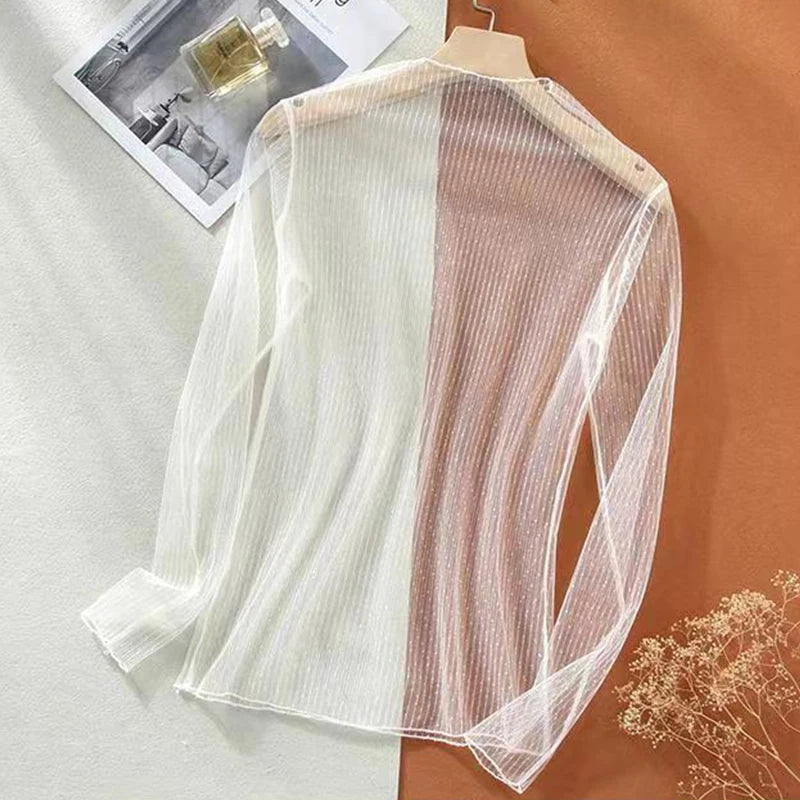 Sexy Women Mesh T-Shirts See-Through Perspective Tshirt  Sunscreen Tops Long Sleeve Bottoming Shirts Club Party Black Tee Shirts