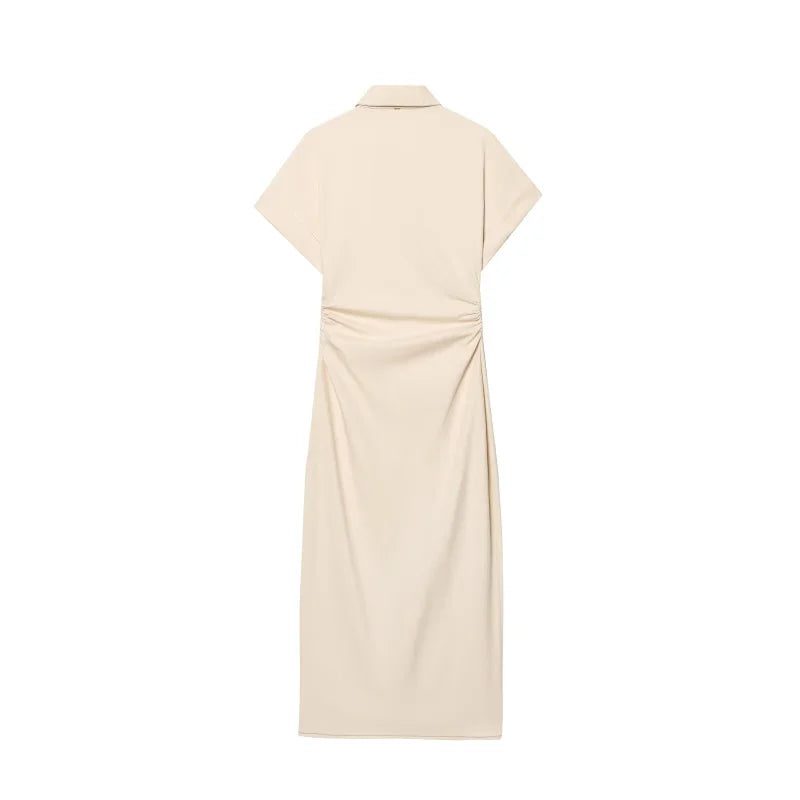 ETJ 2025 traf Spring New 1975 series denim MIDI dress with lapel side zipper fashion wrinkle waist slim elegant dress