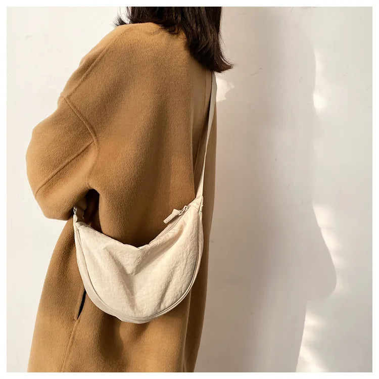 Solid Color Women's Portable Shoulder Bag Simple Female Nylon Cloth Padded Crossbody Bags Travel Purse Handbags Messenger Bag