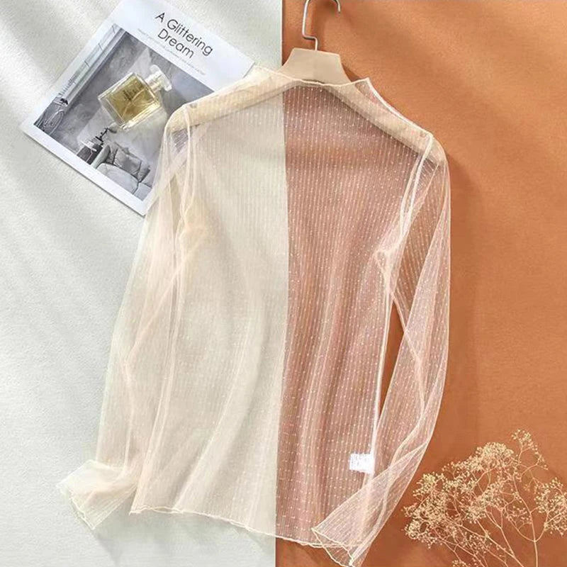 Sexy Women Mesh T-Shirts See-Through Perspective Tshirt  Sunscreen Tops Long Sleeve Bottoming Shirts Club Party Black Tee Shirts