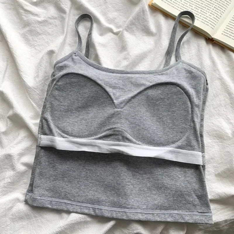 Women's Solid Color Spaghetti Straps Sleeveless Slim Camisole with Chest Pad Cotton Summer Wear Outside Female Short Tops Vests