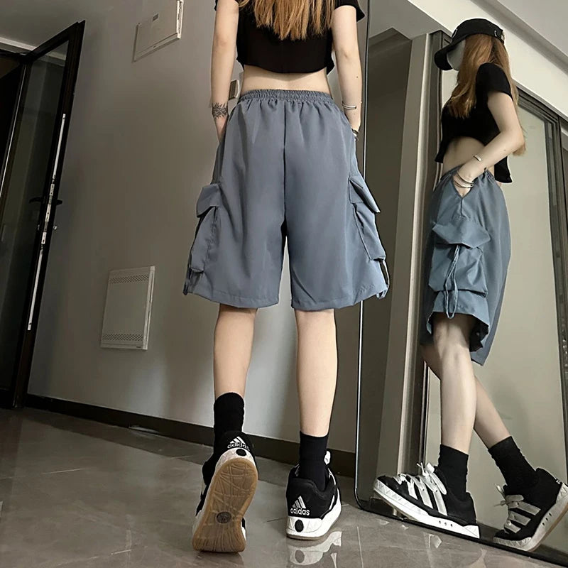ZOKI Women High Waist Cargo Shorts American Style Streetwear Summer Wide Leg Pants Fashion Female Big Pocket Loose Shorts New