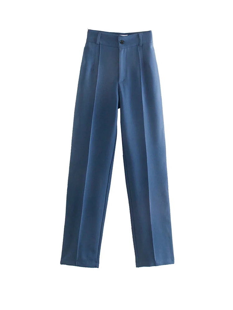 TRZA Women Chic Fashion Office Wear Straight Pants Vintage High Waist Zipper Fly Female Trousers Mujer