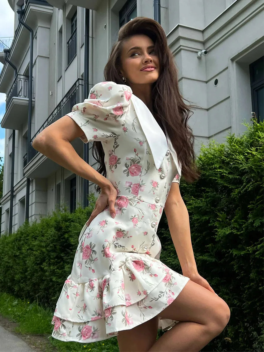 Tornova Print Puff Sleeves Ruffled Dress Women's V-Neck High Waist Pearl Buttons Mini Dress Female Casual Vacation Fashion Dress