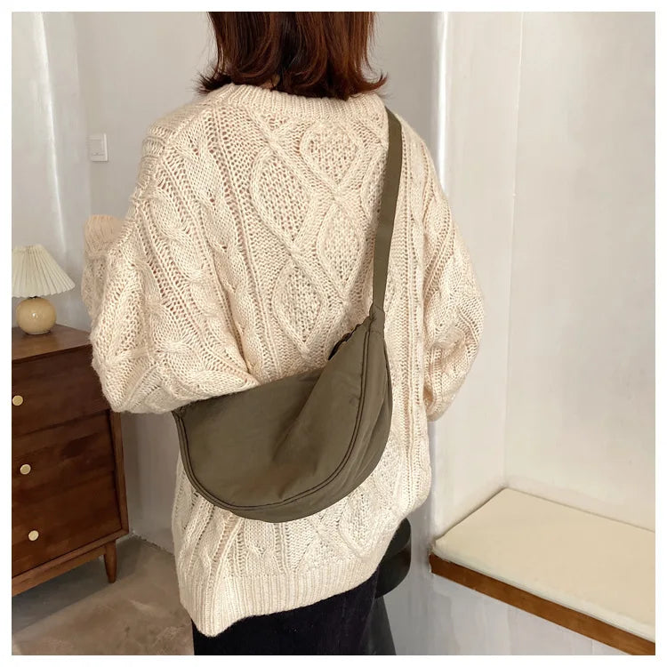 Solid Color Women's Portable Shoulder Bag Simple Female Nylon Cloth Padded Crossbody Bags Travel Purse Handbags Messenger Bag