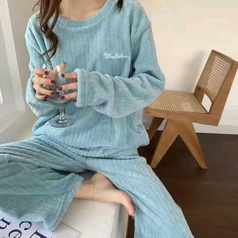 Autumn Women Solid Warm 1/2 Piece Sets Thicken Velvet Ribbed Fleece Set Pullover And Pants Women Casual Pajama Sets 2025