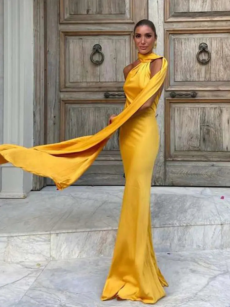 Elegant Solid Ribbon Women Halter Dress Off Shoulder Sleeveless Backless Slim Female Maxi Dresses 2025 Summer New Chic Lady Robe