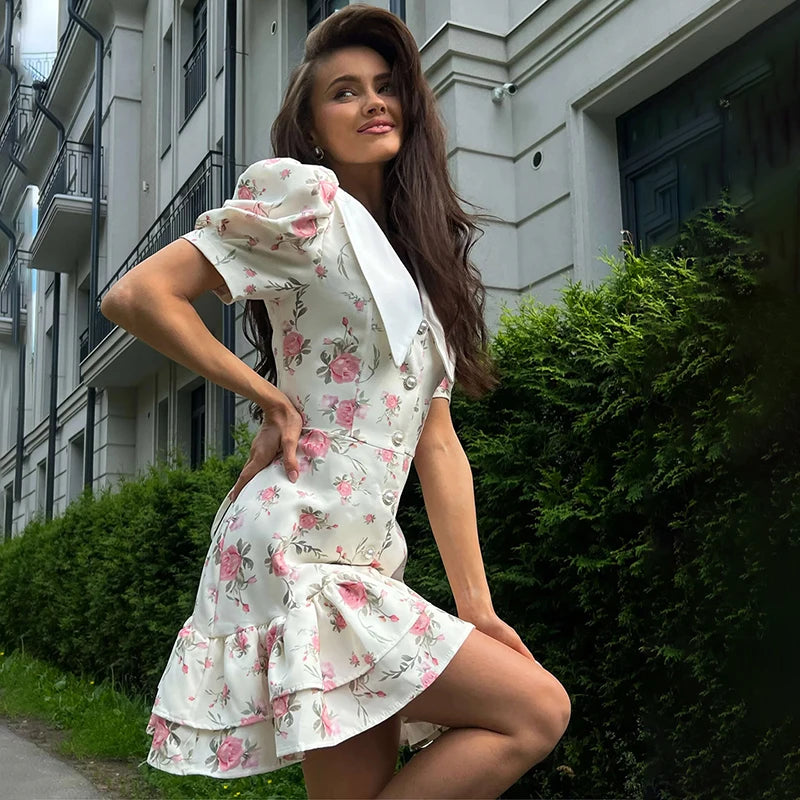 Tornova Print Puff Sleeves Ruffled Dress Women's V-Neck High Waist Pearl Buttons Mini Dress Female Casual Vacation Fashion Dress