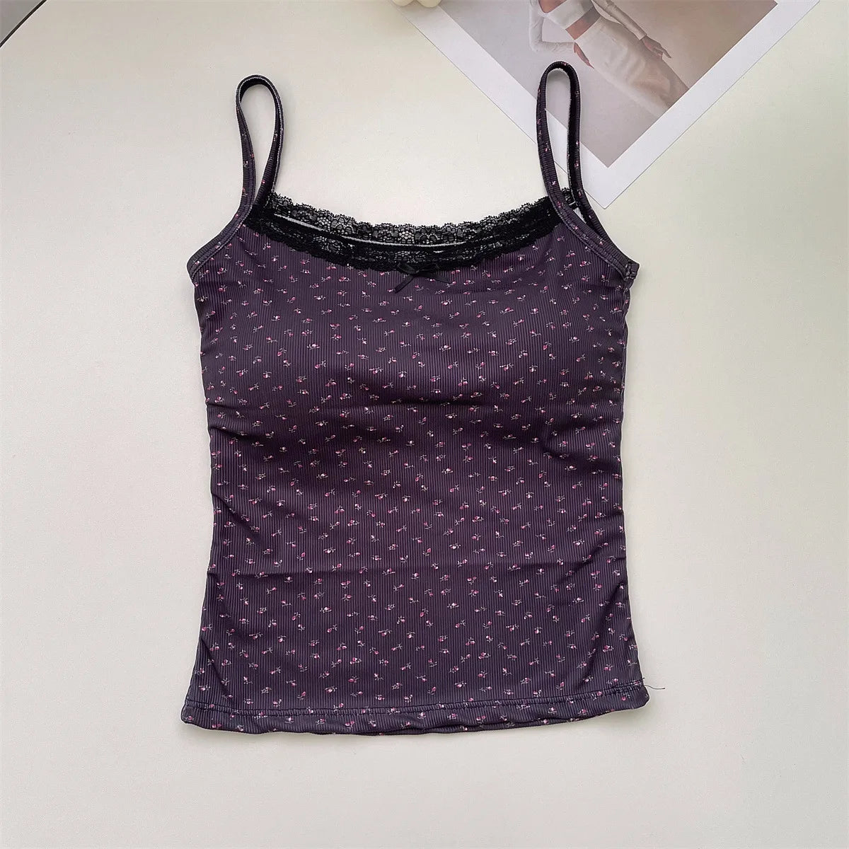 Summer Print Crop Tops for Women Bow Lace Camisole Sexy Backless Vest with Padded Basic Tank Top Bm Style Camis Y2k Streetwear