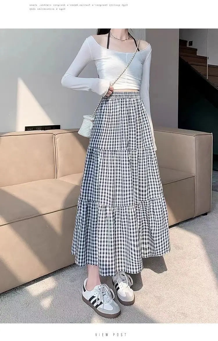 Patchwork Tiered Skirt Women 2025 Summer Vintage Checkered High Waisted Elastic Waist Slimming Midi Skir