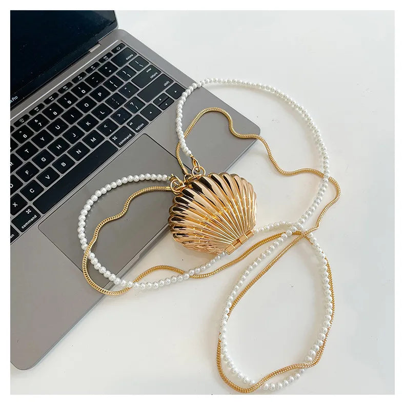 2025 New Summer Lipstick Bags for Women Fashion Pearl Mini Purse Crossbody Bag High Quality Gold Shell Bag Designer Shoulder Bag