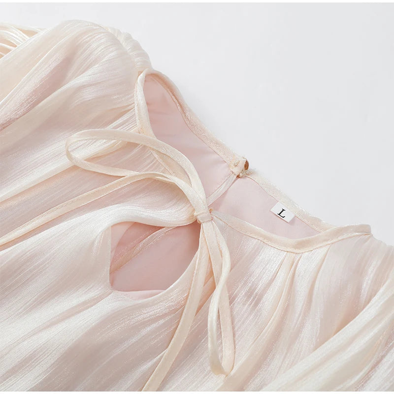 Fashion Women's Ruffles Short Dress Elegant Round Neck Lace Up Lantern Long Sleeve Mini Vestido Chic Female 2025 Solid Dresses
