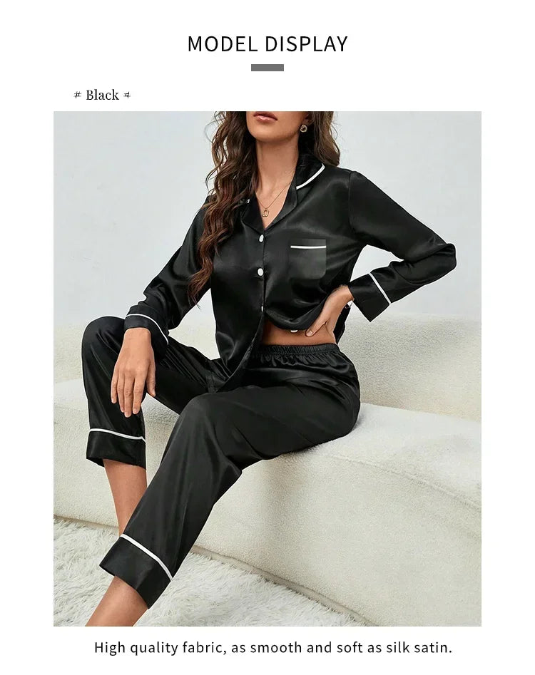 Plus Size Autumn and Winter Silk Pajamas Women Tops and Pants Solid Casual Soft Nightwear Buttons Cardigan Sleepwear Homewear