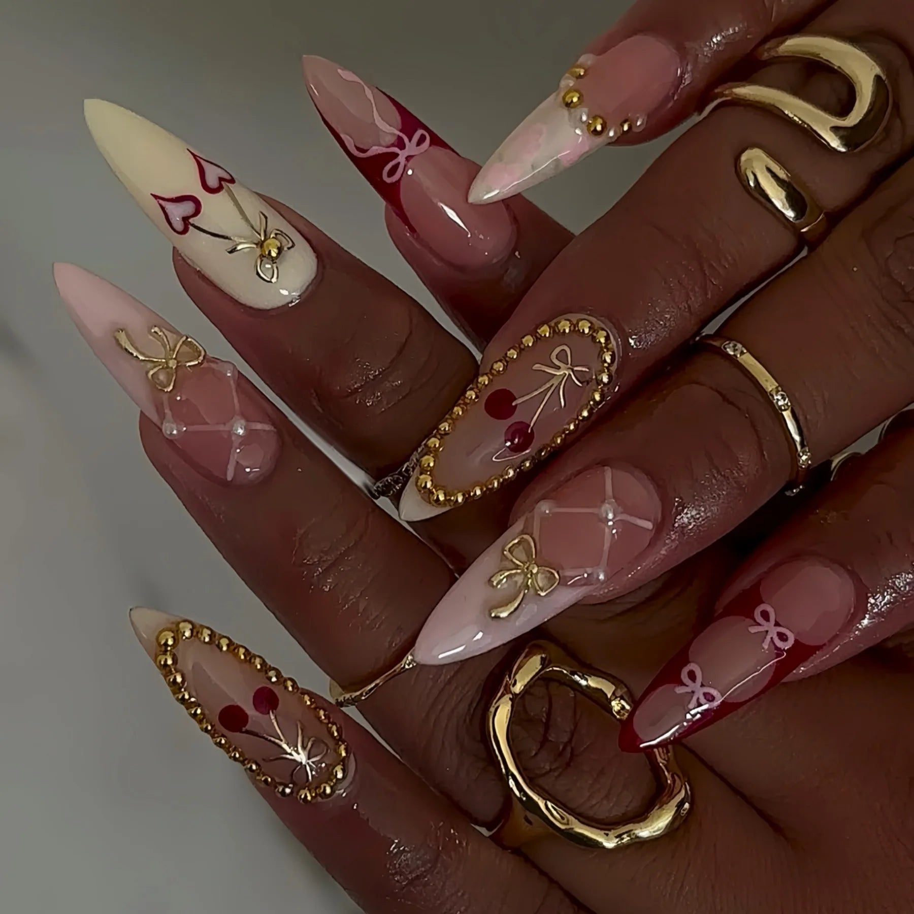 24Pcs False Nails Spicy Girl Silver Bow with Diamond Fake Nails with Glue Almond Press on Nails Black Cool Y2k Almond Nail Set