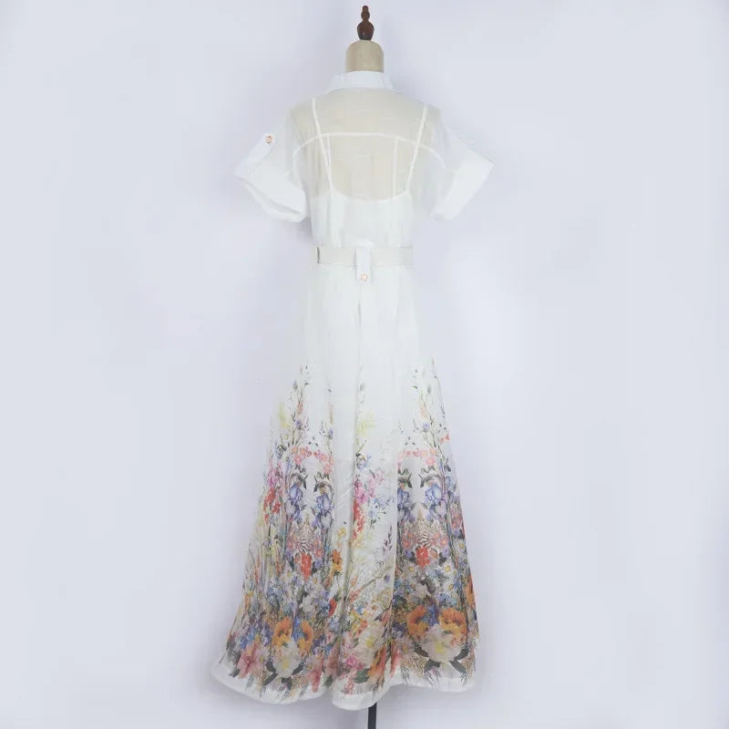 Real Shot Design Sense Positioning Print Single-Breasted Elegant Shirt A-Line Pocket Dress with Belt + Strap