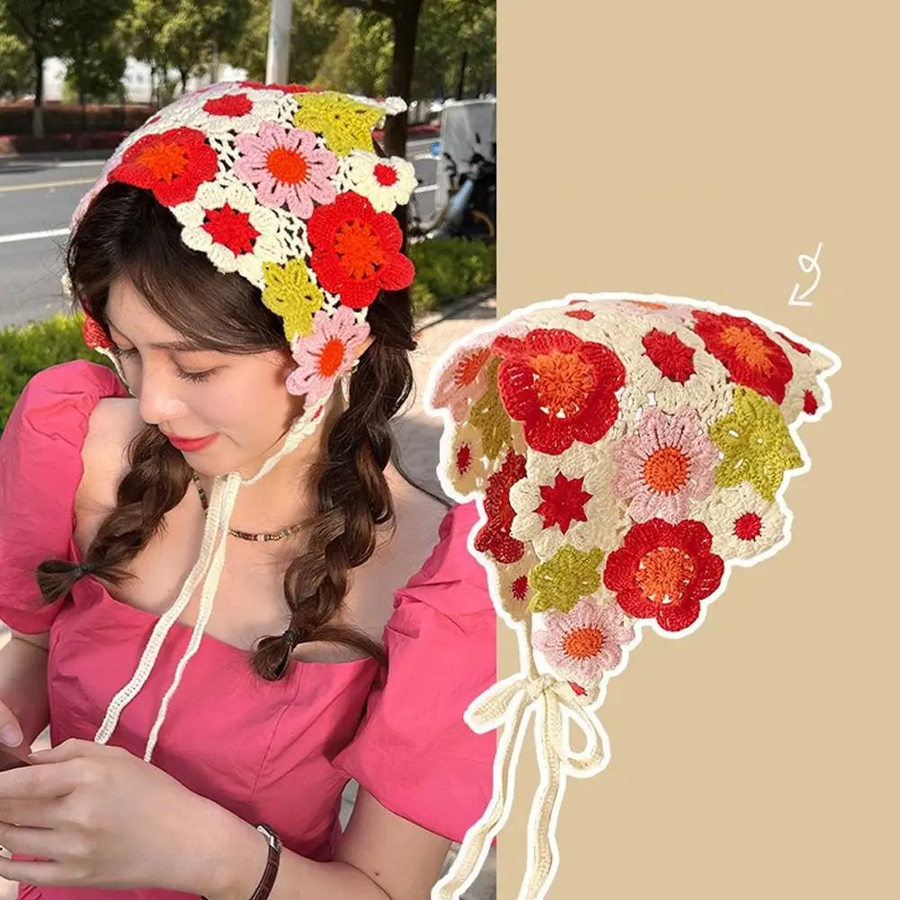 Korean Sweet Cute Handmade Crochet Hollow Triangle Headband Towel Women Spring and Summer Travel Literary Photo Hair Scarf