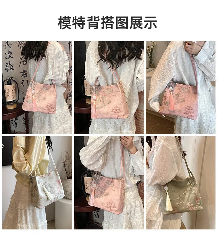 New Chinese Style Retro Bag 2025 New Models Silk Jacquard Fashionable Minimalist Bag Single Shoulder Diagonal Cross Women's Bag