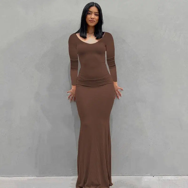 2025 Autumn Long Sleeve Dresses For Women Sexy V Neck Bodycon Solid Elegant Long Dress Y2k Skinny Trumpet Maxi Vestidos