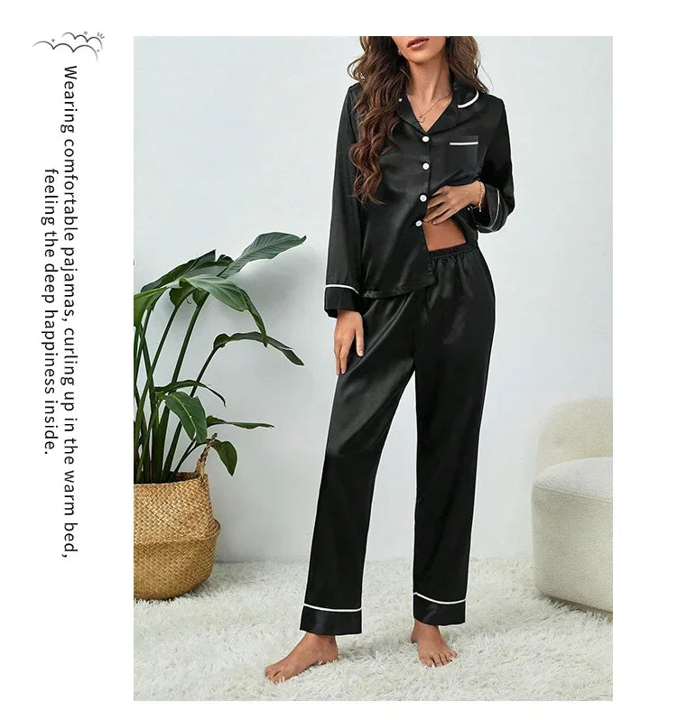 Plus Size Autumn and Winter Silk Pajamas Women Tops and Pants Solid Casual Soft Nightwear Buttons Cardigan Sleepwear Homewear
