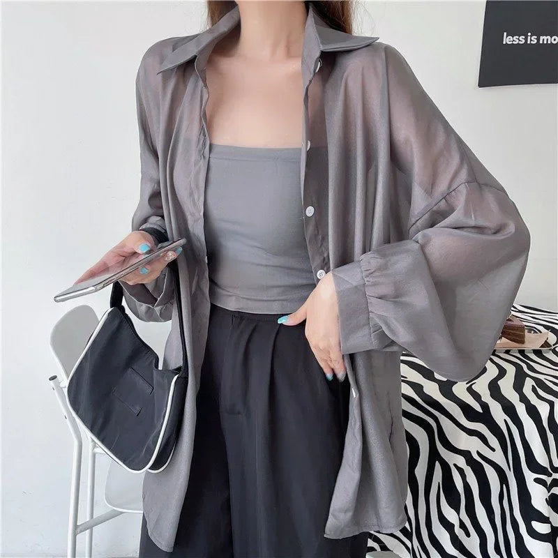 Xpqbb Women's White Chiffon Shirt Sheer Thin Long Sleeve Sun Protection Blouse Woman Casual Loose Simple Single-breasted Shirts
