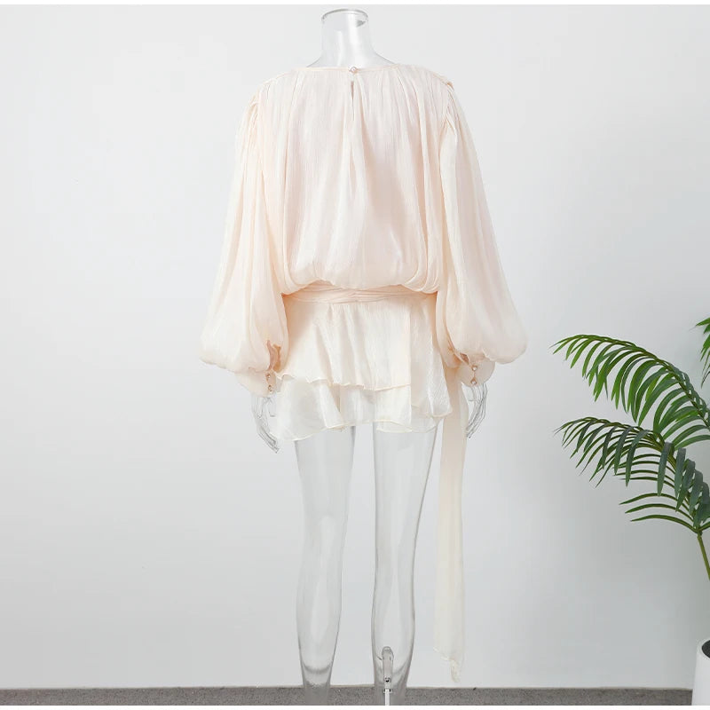 Stunning Shiny Ruffles Lace Up Mini Dress Women's Chic Loose Hollow Out A-line Pleated Vestidos Lady Summer Party Gowns 2025 New