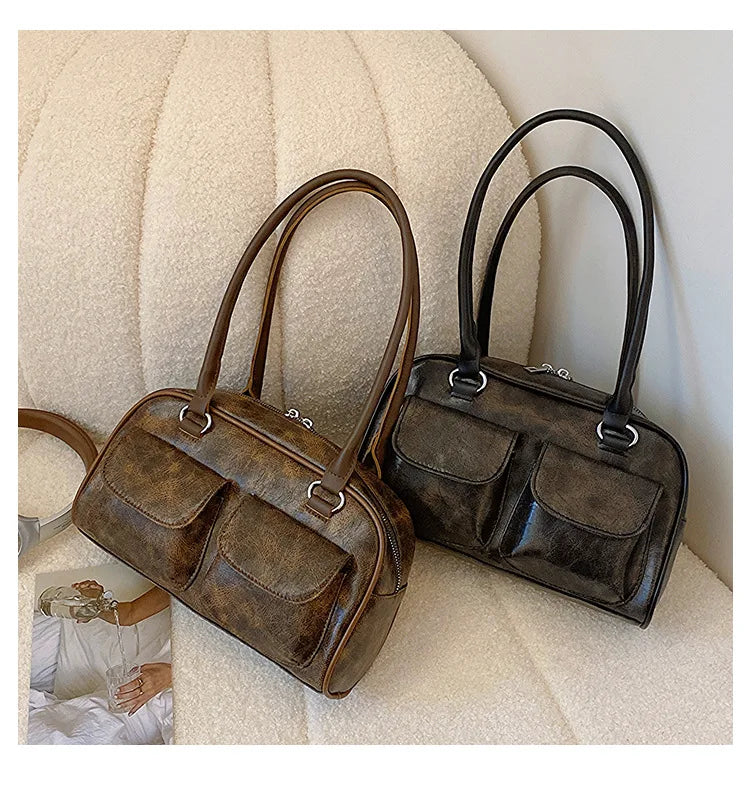 Retro Small Double Pockets Shoulder Bags for Women 2025 New Fashion Trend Designer Underarm Bag Female Handbags and Purses
