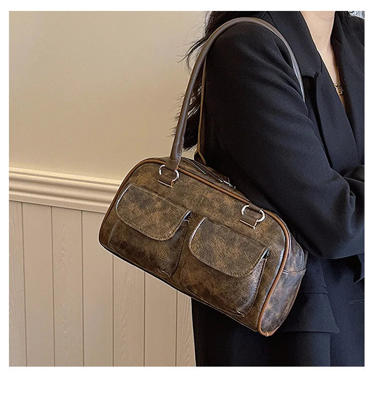 Retro Small Double Pockets Shoulder Bags for Women 2025 New Fashion Trend Designer Underarm Bag Female Handbags and Purses