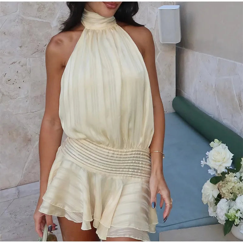 Fashion Women's Ruffles Short Dress Elegant Round Neck Lace Up Lantern Long Sleeve Mini Vestido Chic Female 2025 Solid Dresses