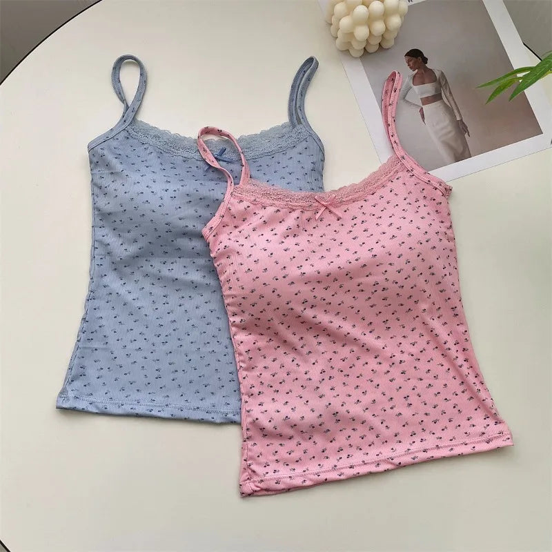 Summer Print Crop Tops for Women Bow Lace Camisole Sexy Backless Vest with Padded Basic Tank Top Bm Style Camis Y2k Streetwear