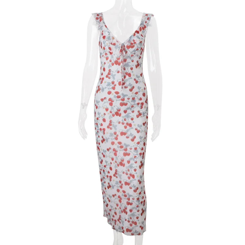 Cryptographic Summer Floral Print Plunge Maxi Dress Outfits Sexy Backless Fairy Sun Dresses Vacation Beachwear Vestido Coquette